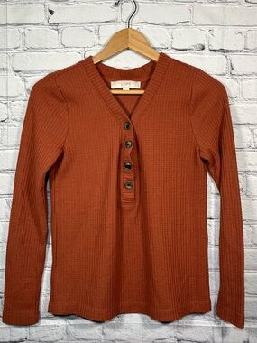 LOFT Waffle Knit Henley Top Womems Small Petite Orange Rust V Neck Button